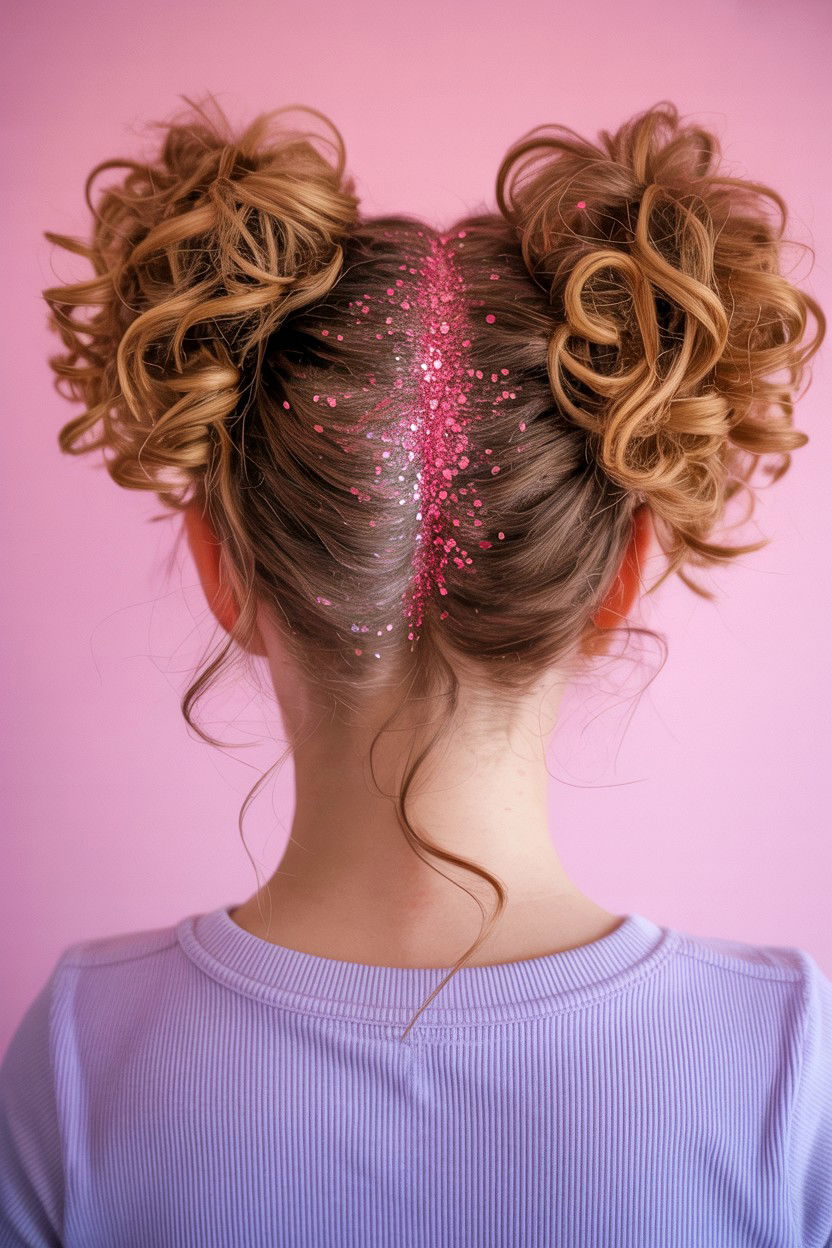 Curly space buns with glitter - 25 Valentine's Day Curly Hair Ideas