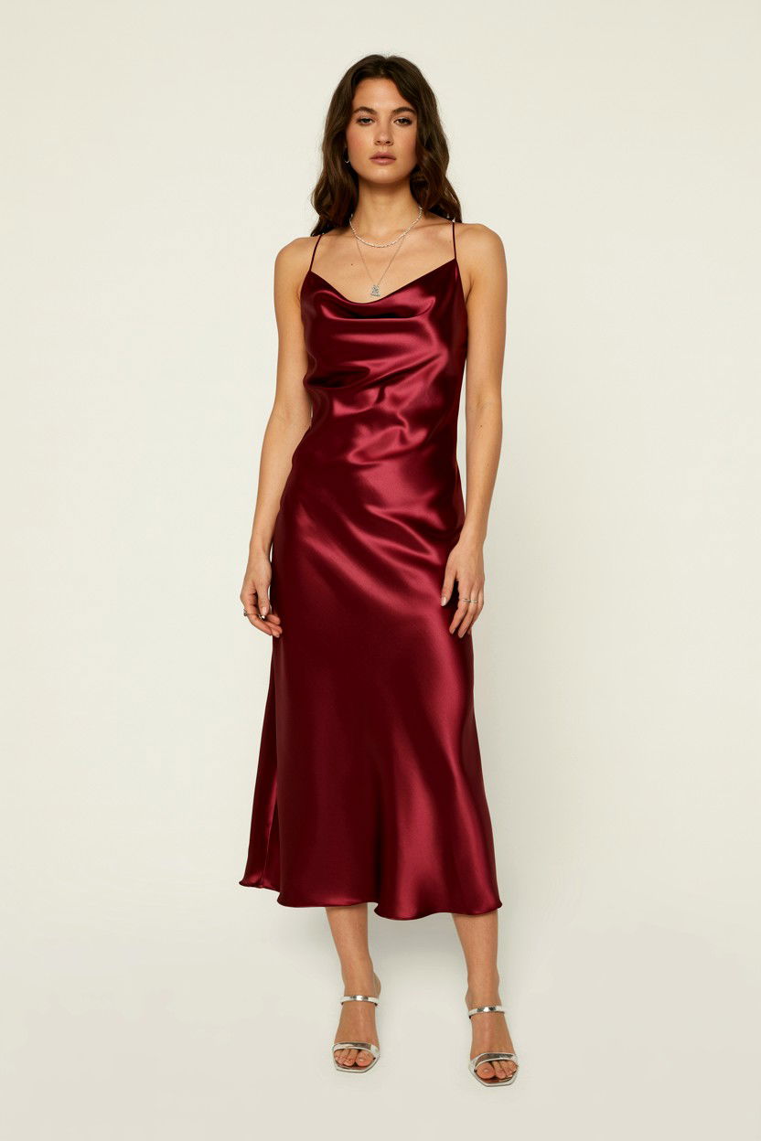 Dark Cherry Satin Dress - 25 Valentine's Day Midi Dress Ideas