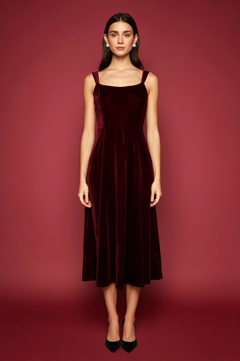 Dark Red Velvet Dress - 25 Valentine's Day Midi Dress Ideas