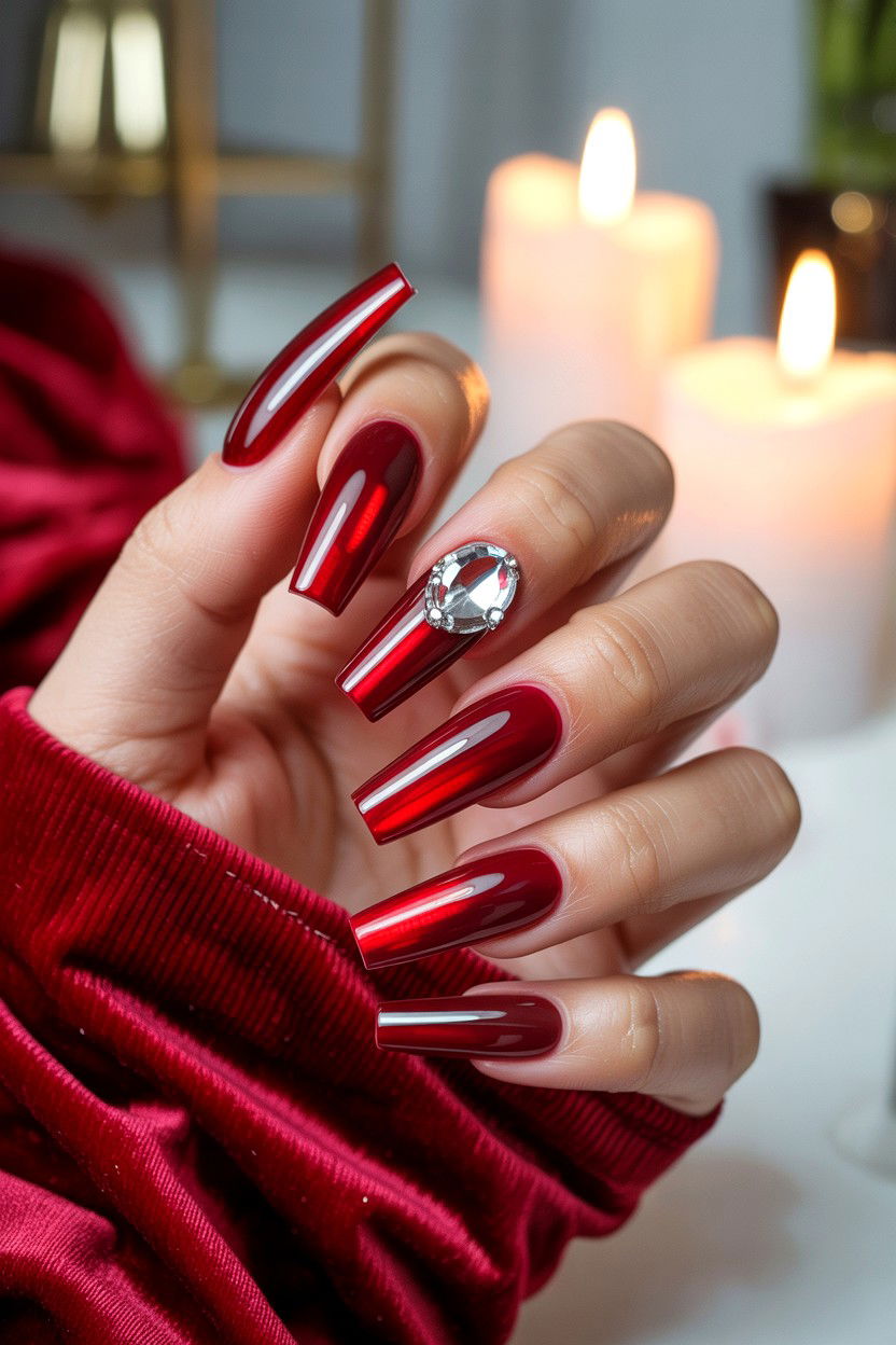 Deep Red Velvet Nails With Crystals - 25 Rhinestone Valentine's Day Nail Ideas