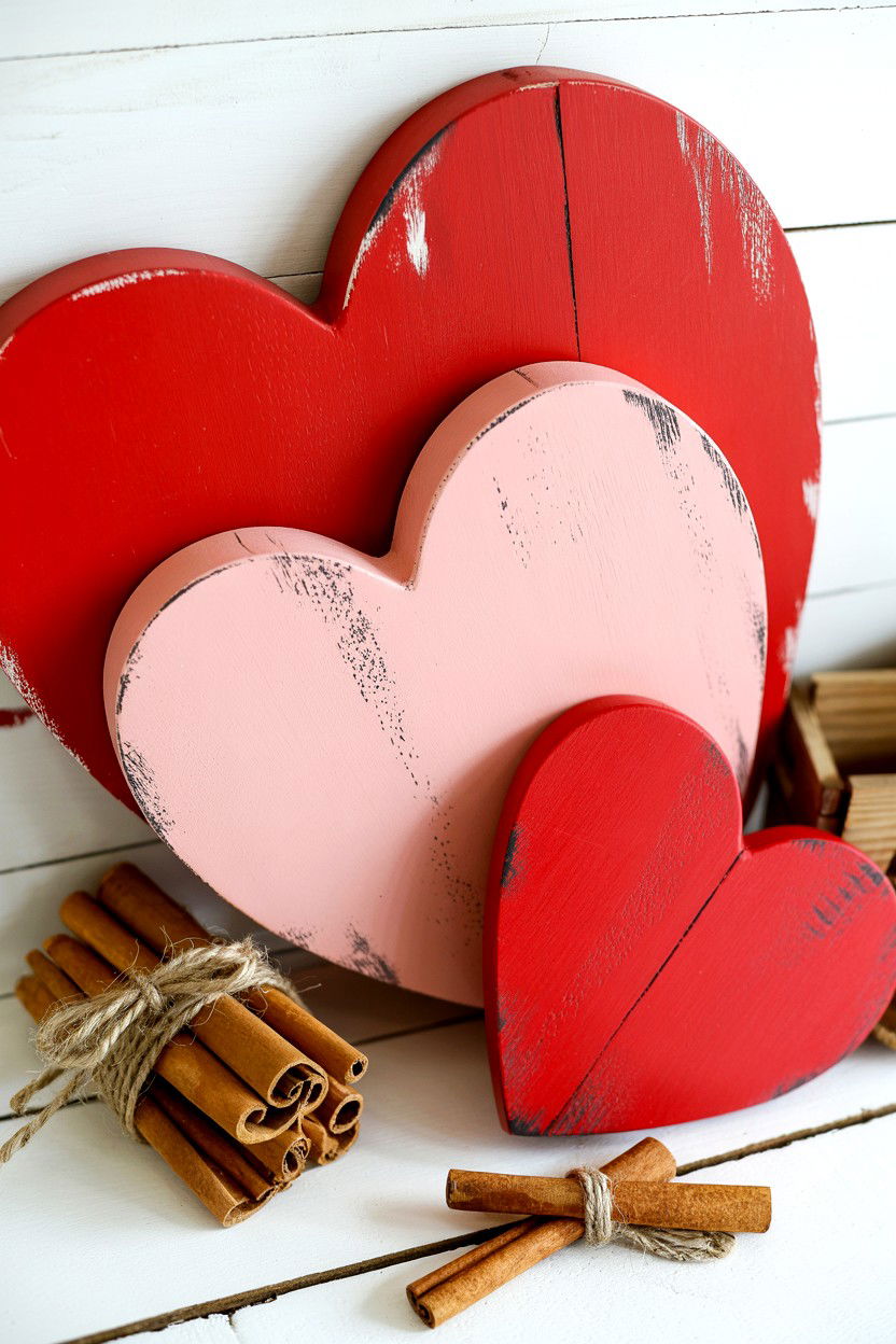 Distressed Wood Heart Decor - 25 Rustic Valentine's Day Tiered Tray Ideas