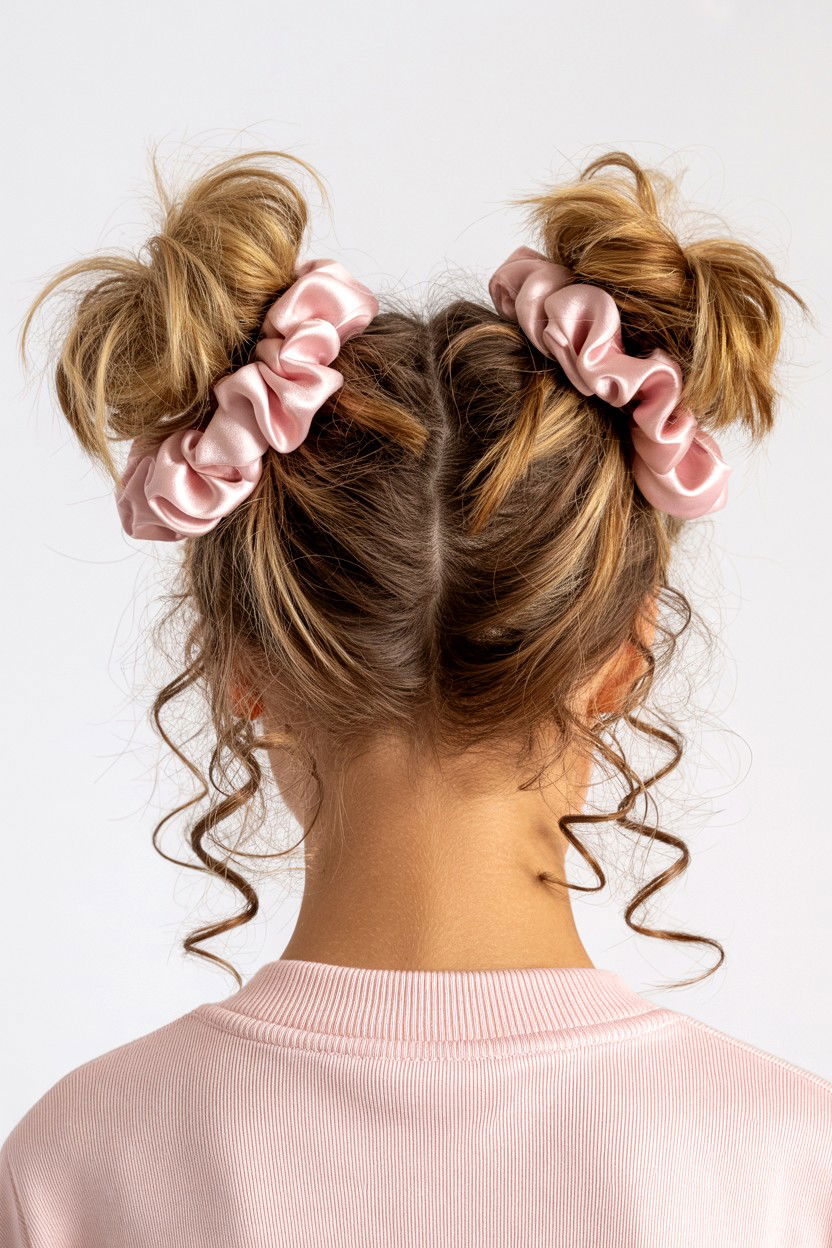 Double Messy Buns With Pink Scrunchies - 25 Valentine's Day Messy Bun Ideas