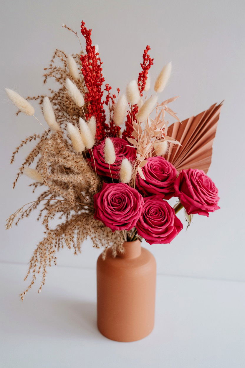Dried Flower And Fresh Rose Arrangement - 25 Valentine's Day Mixed Bouquet Ideas