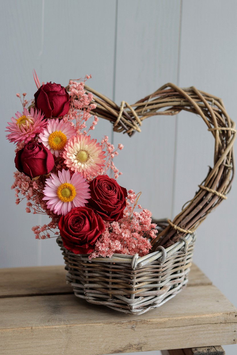 Dried Flower Heart Basket - 25 Valentine's Day Hanging Basket Ideas
