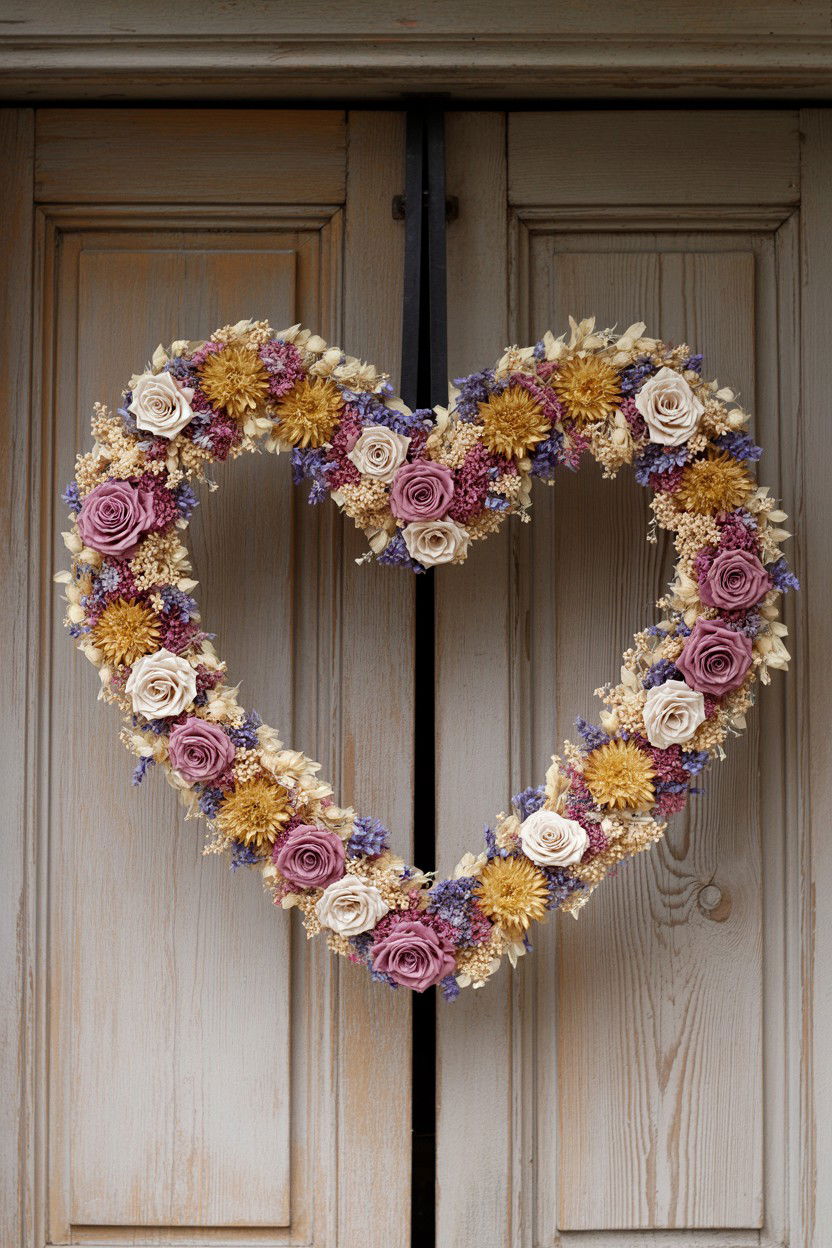 Dried Flower Heart Wreath - 25 Double Door Valentine's Day Wreath Ideas