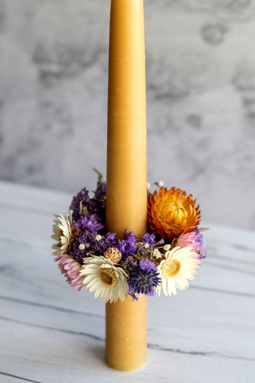 Dried Flower Taper Candle Ring - 25 Valentine's Day Taper Candle Ideas