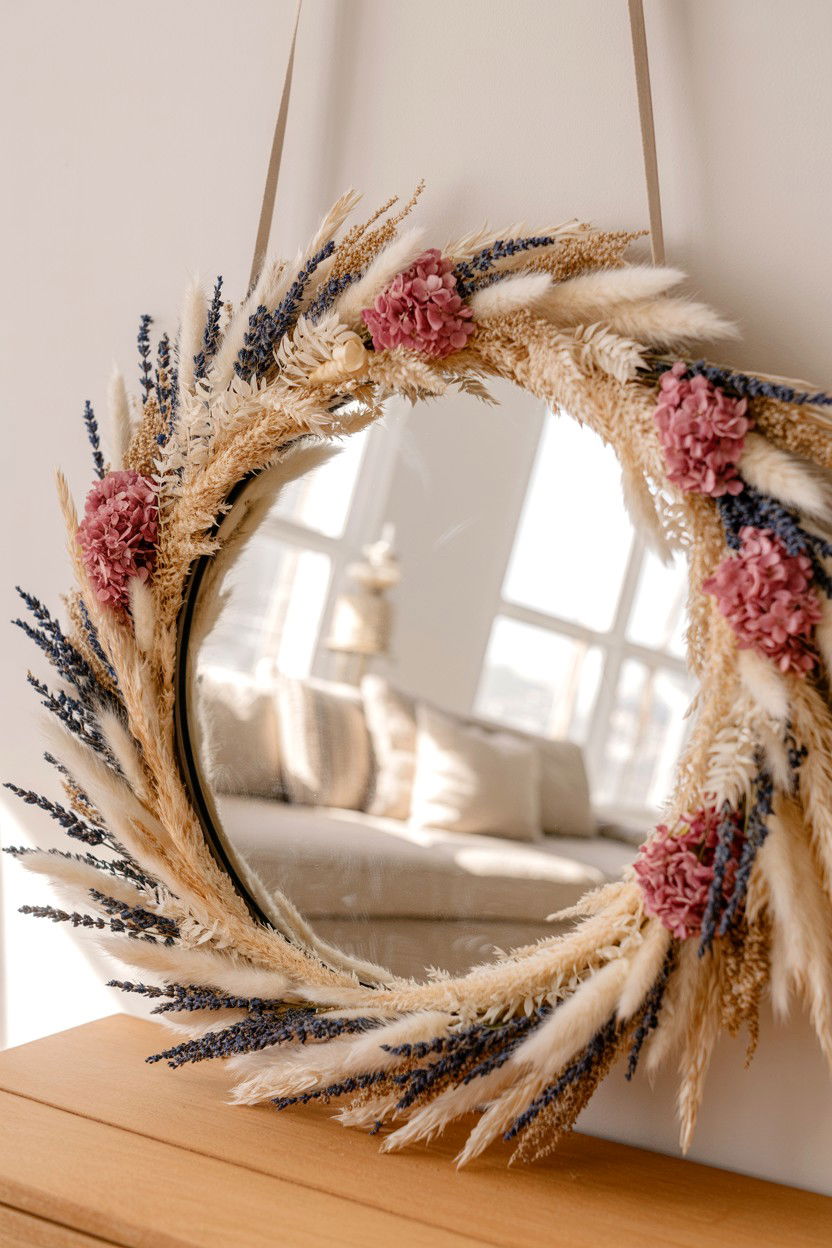 Dried flower mirror frame - 25 Valentine's Day Mirror Decor Ideas