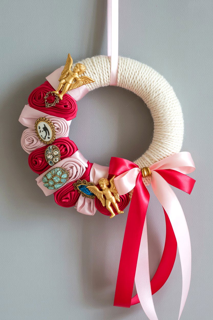 Embellished Yarn Wreath - 25 Yarn Valentine's Day Wreath Ideas