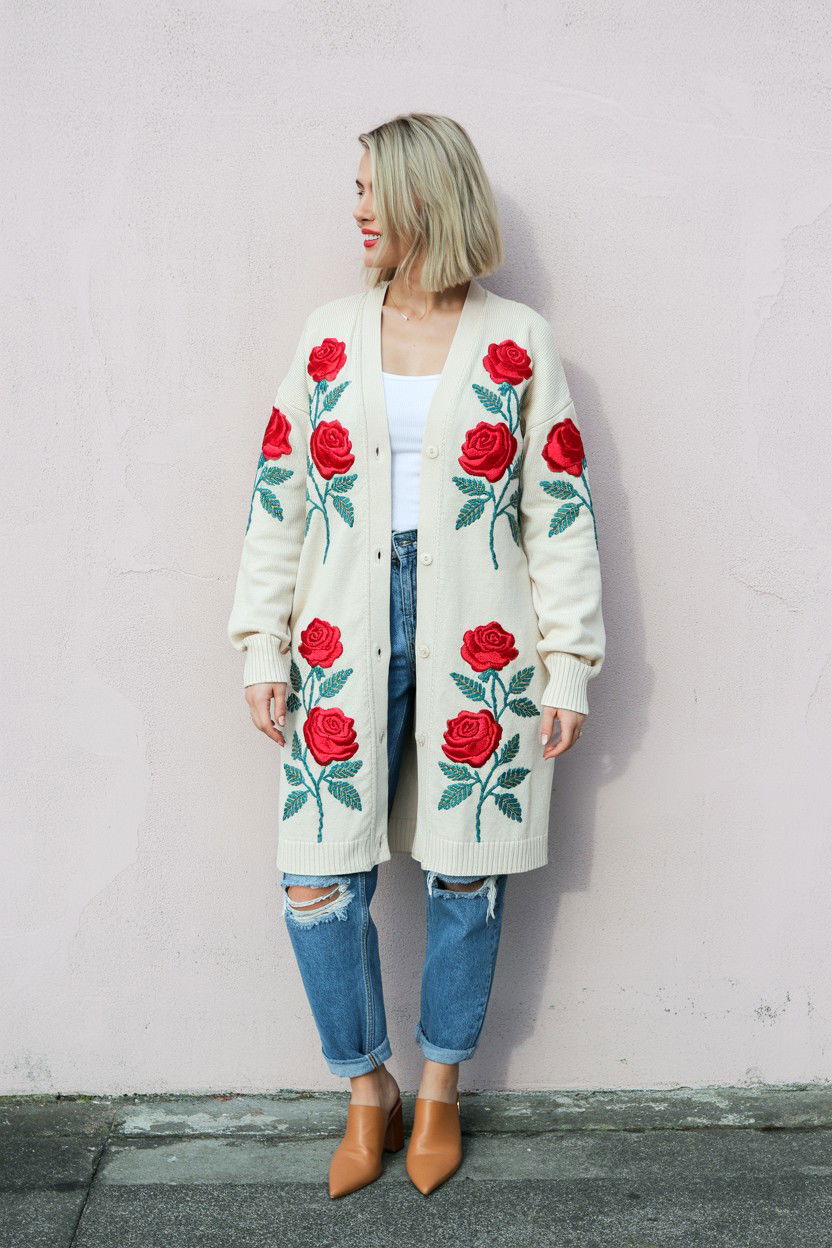 Embroidered Cardigan - 25 Valentine's Day Cardigan Outfits