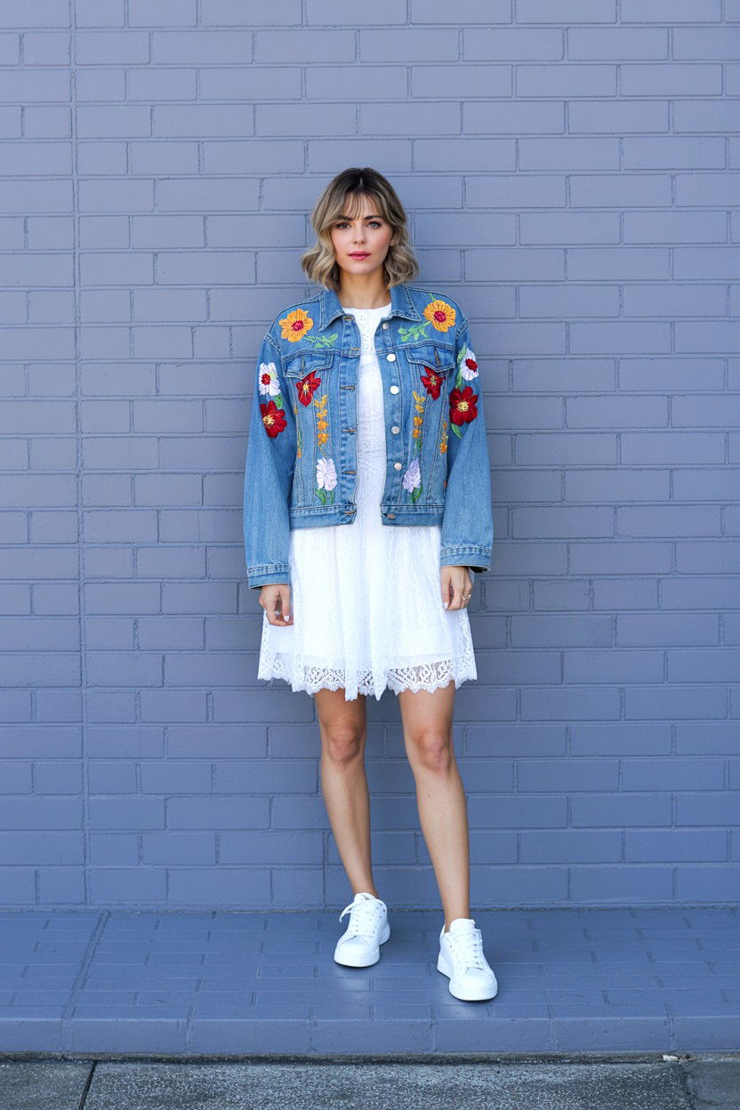 Embroidered Denim Jacket Style - 25 Valentine's Day Boho Outfits