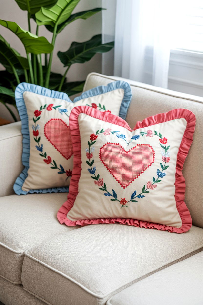 Embroidered Heart Pillows - 25 Vintage Valentine's Day Decorations