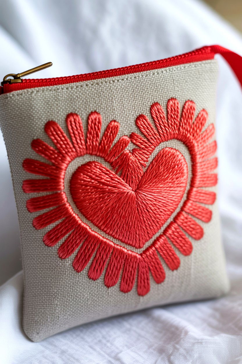 Embroidered Heart Pouch - 25 Valentine's Day Pouch Ideas