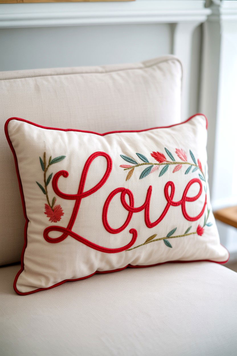 Embroidered Love Pillow - 25 Valentine's Day Pillow Ideas