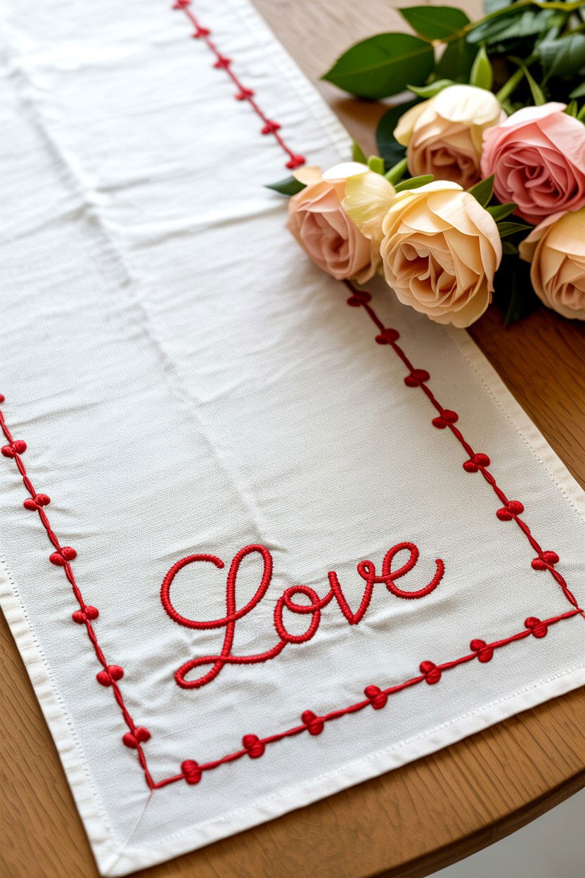 Embroidered Love Table Runner - 25 Valentine's Day Table Runner Ideas