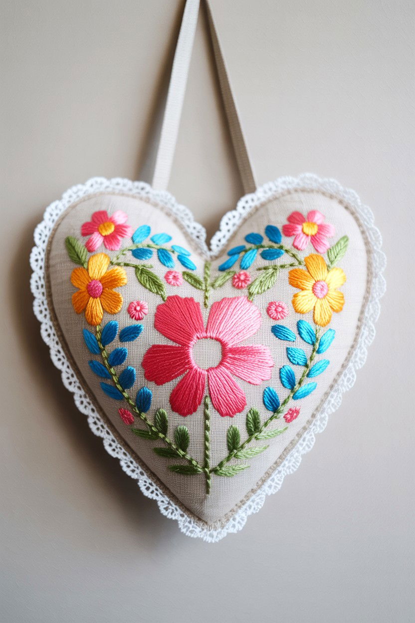 Embroidered linen heart wreath - 25 Vintage Valentine's Day Wreath Ideas