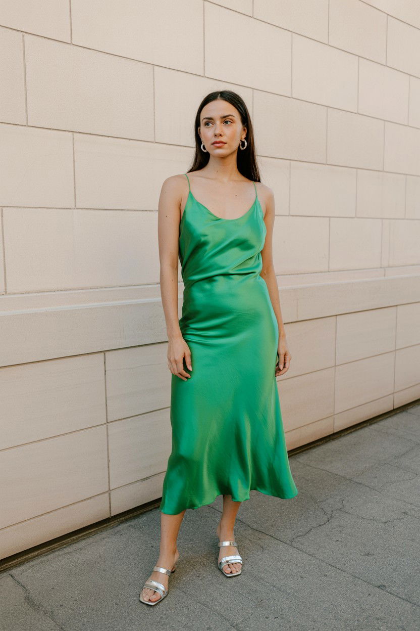 Emerald green silk midi dress - 25 Valentine's Day Quiet Luxury Outfits