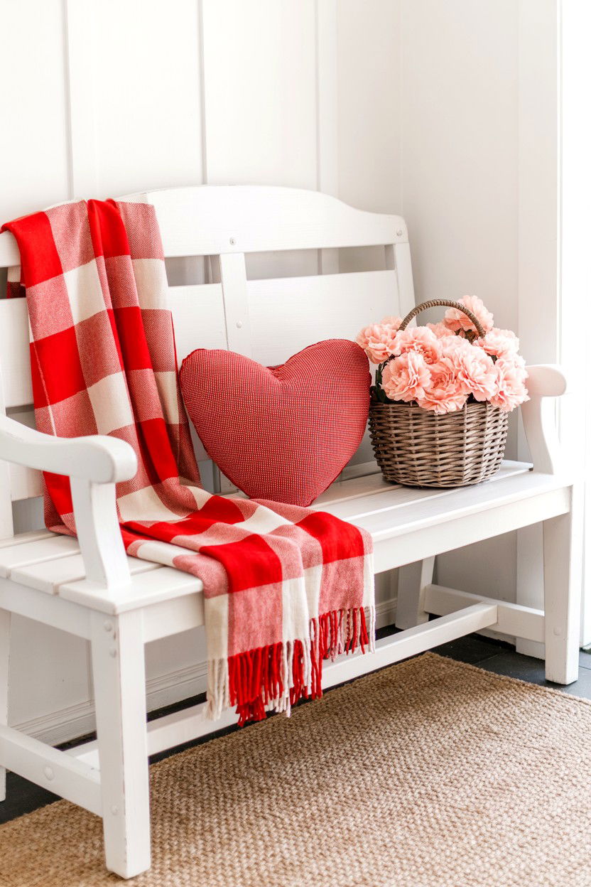 Entryway Bench Styling - 25 Farmhouse Valentine's Day Decor Ideas