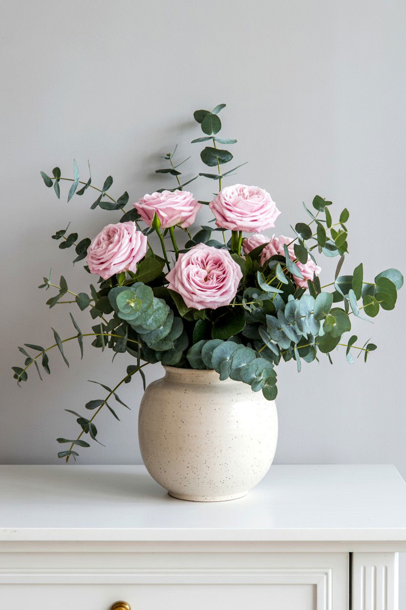 Eucalyptus And Pink Roses - 25 Valentine's Day Console Table Ideas