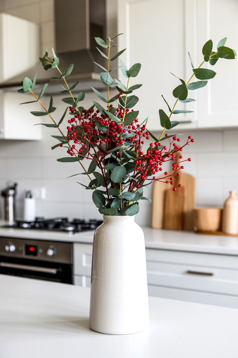 Eucalyptus And Red Berries - 25 Minimalist Valentine's Day Decor Ideas