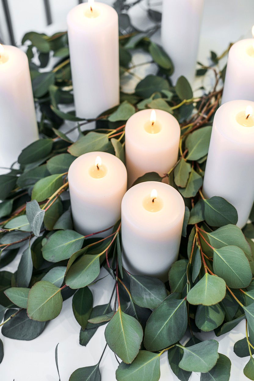 Eucalyptus And White Pillar Candles - 25 Valentine's Day Candle Centerpiece Ideas