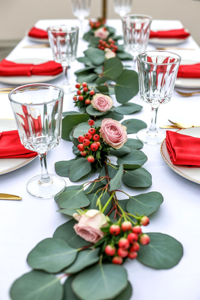 Eucalyptus Garland Runner - 25 Valentine's Day Table Centerpiece Ideas