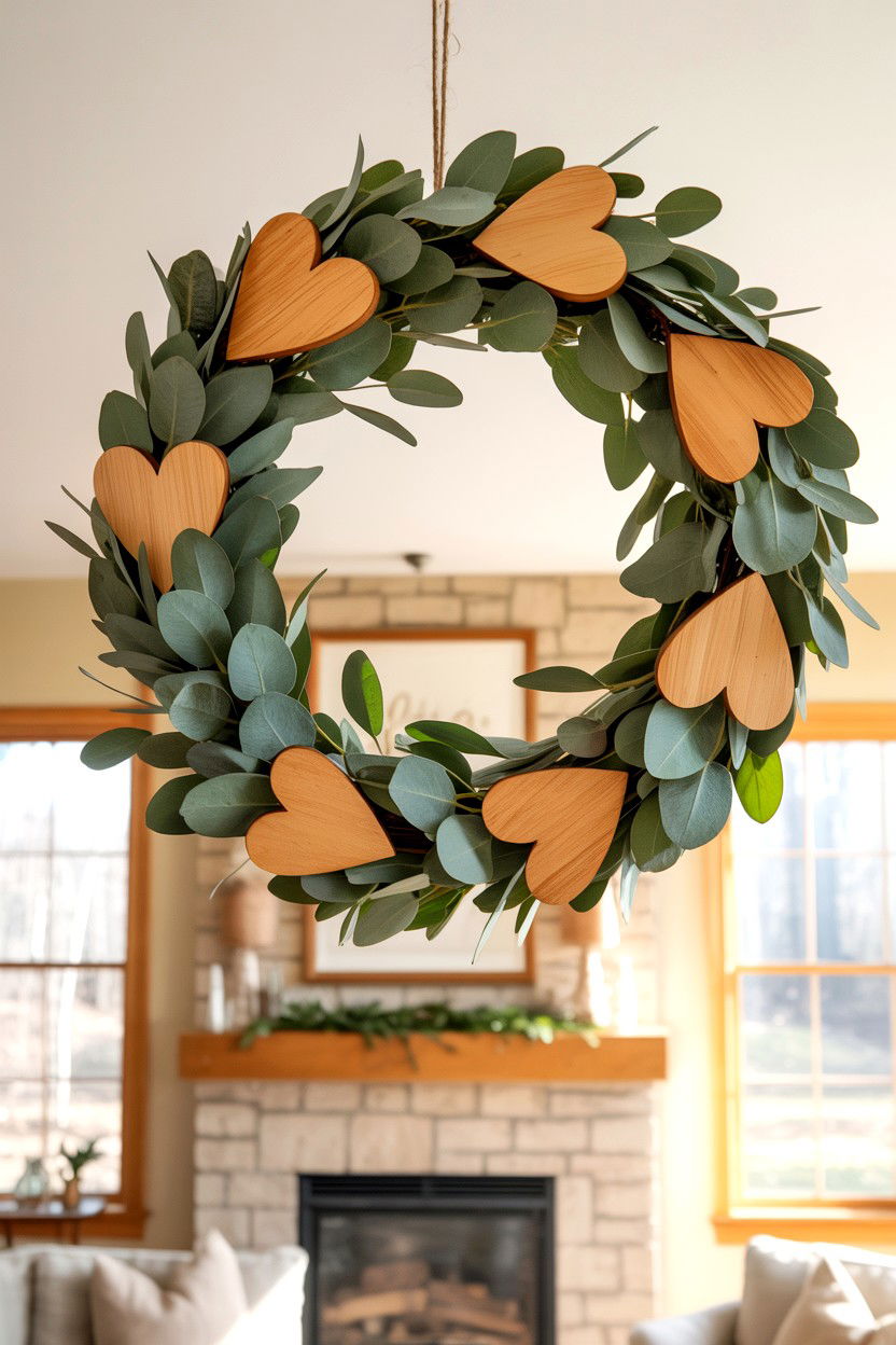 Eucalyptus Wreath Wood Hearts - 25 Eucalyptus Valentine's Day Wreath Ideas