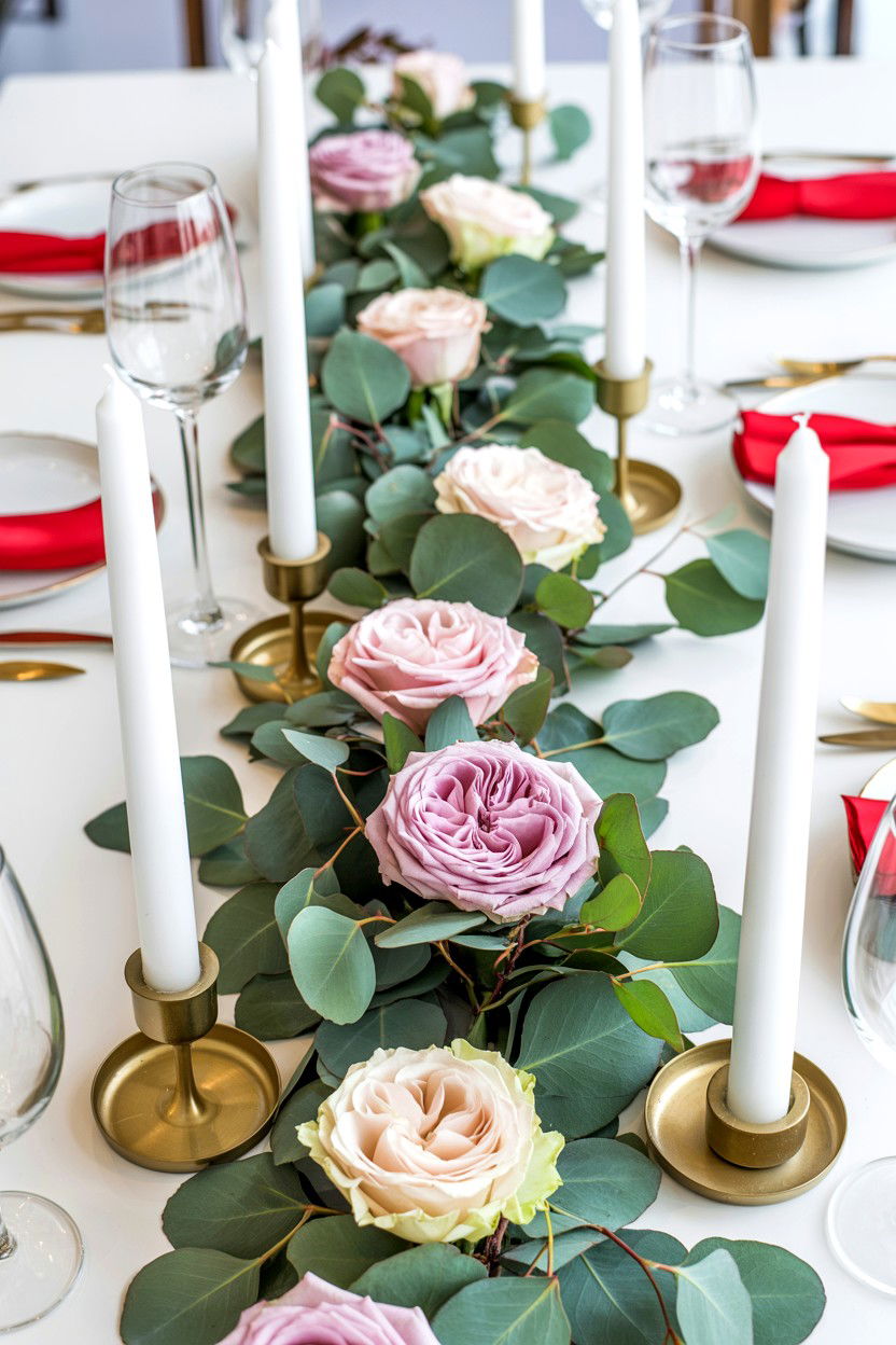 Eucalyptus and Rose Runner - 25 Valentine's Day Flower Centerpiece Ideas