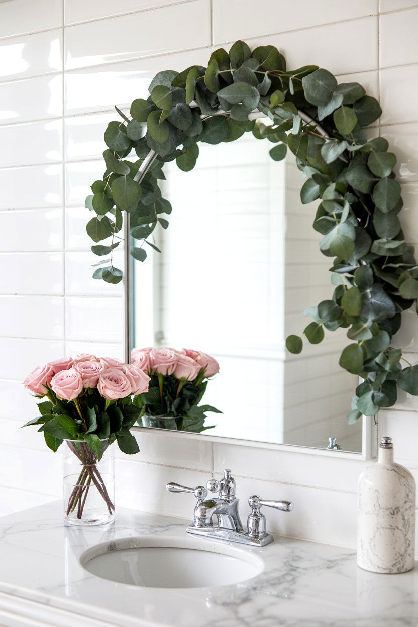 Eucalyptus and pink rose mirror - 25 Valentine's Day Mirror Decor Ideas