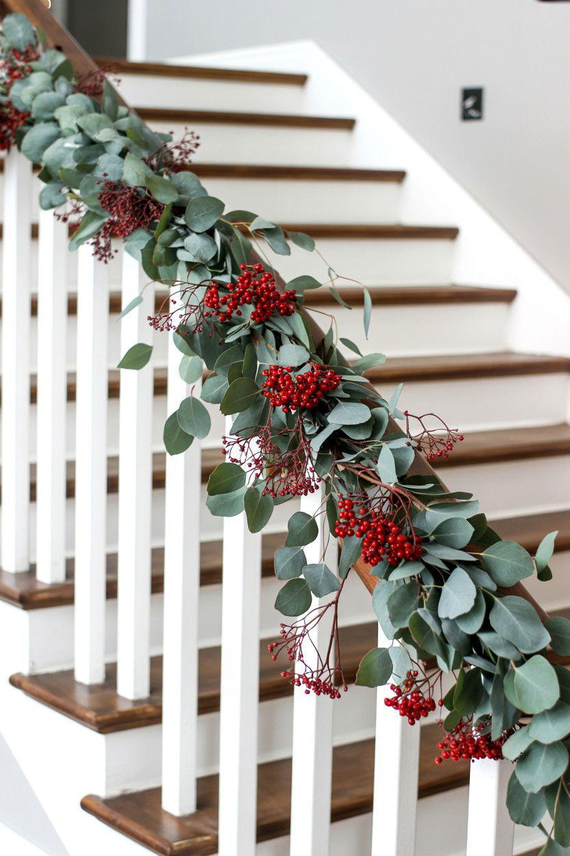 Eucalyptus and red berry stair garland - 25 Valentine's Day Staircase Decor Ideas