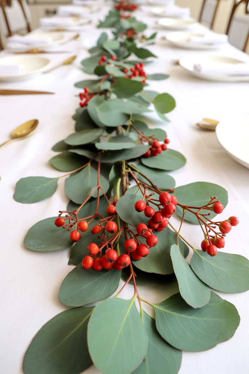 Eucalyptus berry table runner - 25 Valentine's Day Centerpiece Ideas