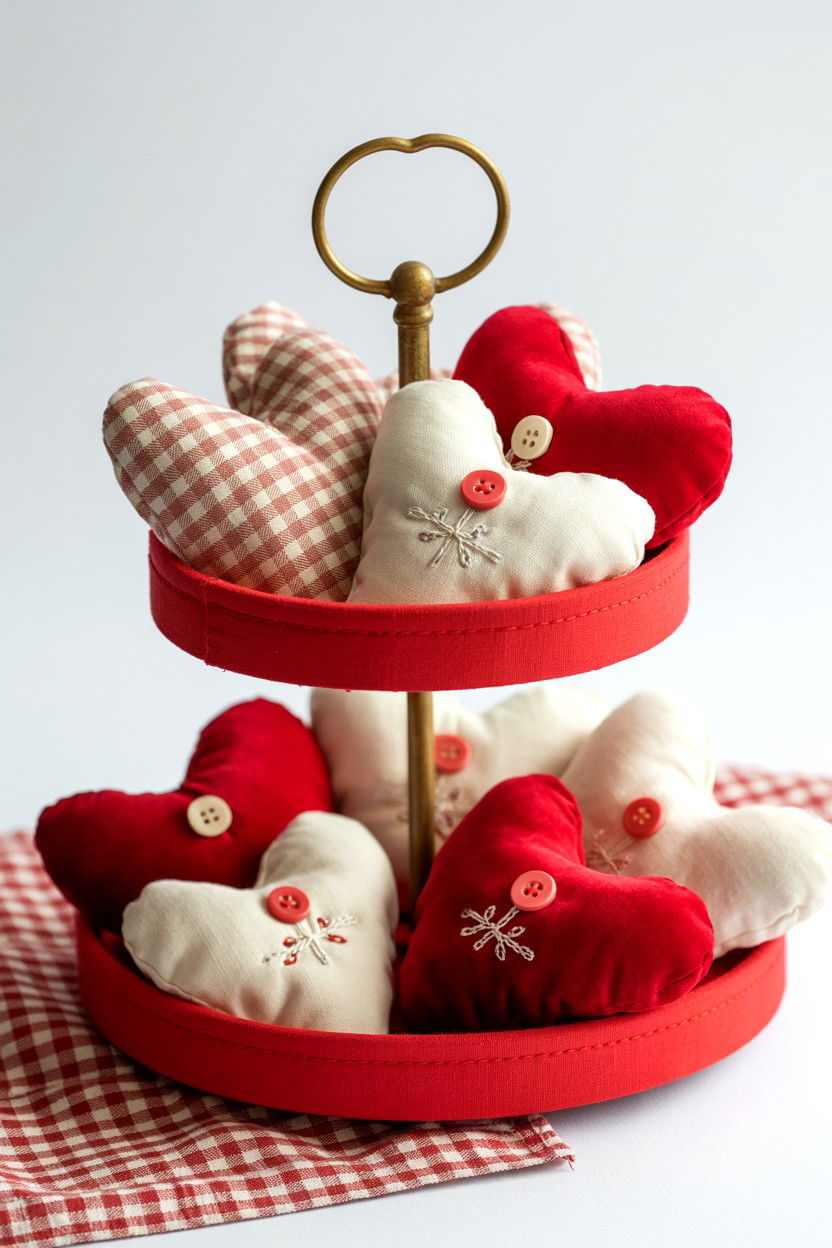 Fabric heart tiered tray - 25 Red Valentine's Day Tiered Tray Ideas