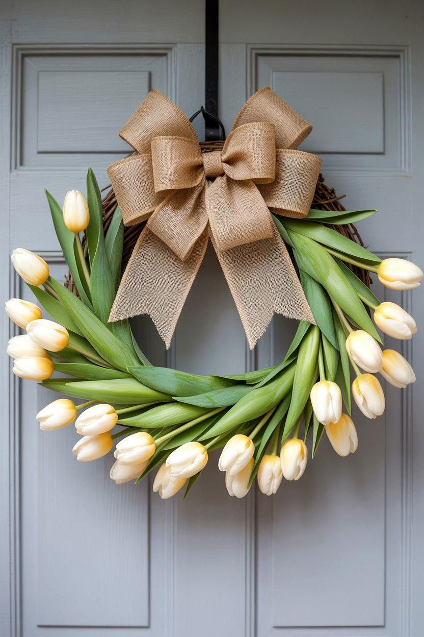 Farmhouse Tulip Wreath With Burlap - 25 Tulip Valentine's Day Wreath Ideas
