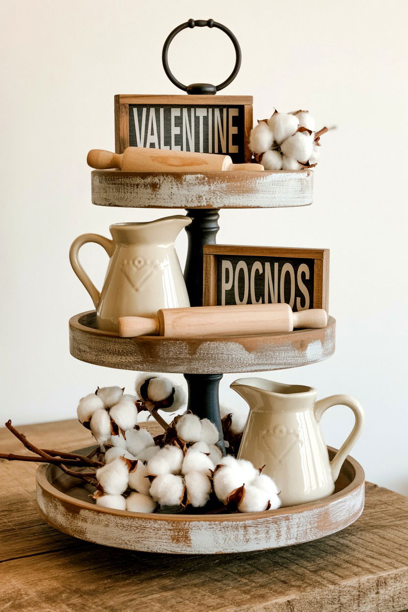 Farmhouse Valentine Tiered Tray - 25 Neutral Valentine's Day Tiered Tray Ideas