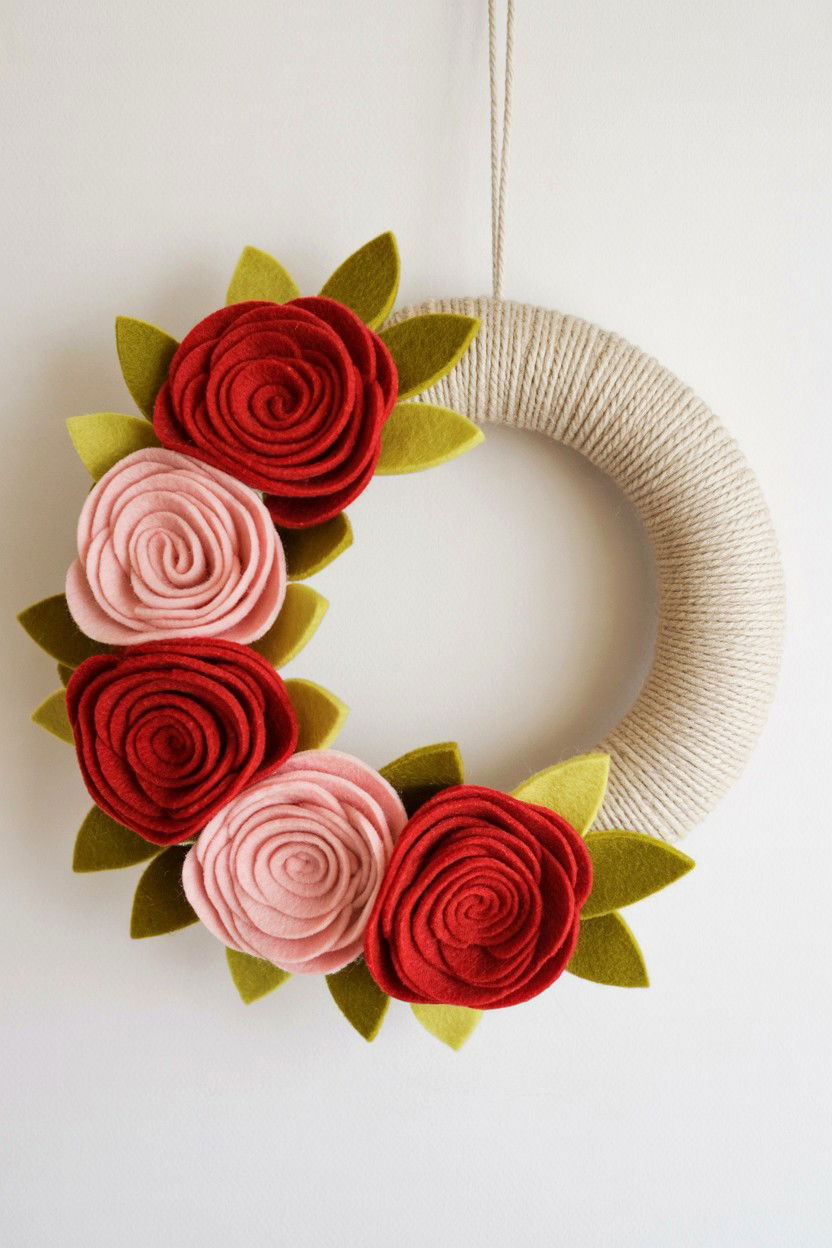 Felt Flower Yarn Wreath - 25 Yarn Valentine's Day Wreath Ideas
