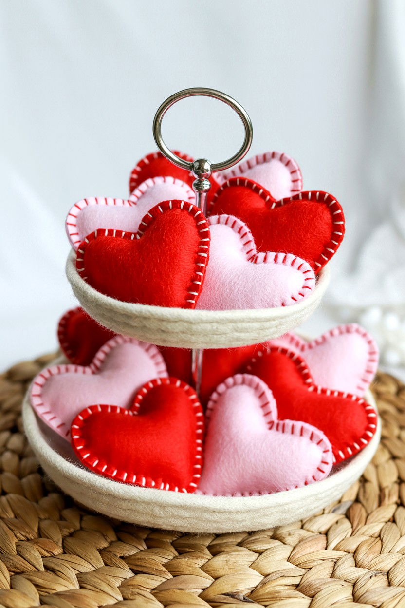 Felt Heart Tiered Tray - 25 Rustic Valentine's Day Tiered Tray Ideas