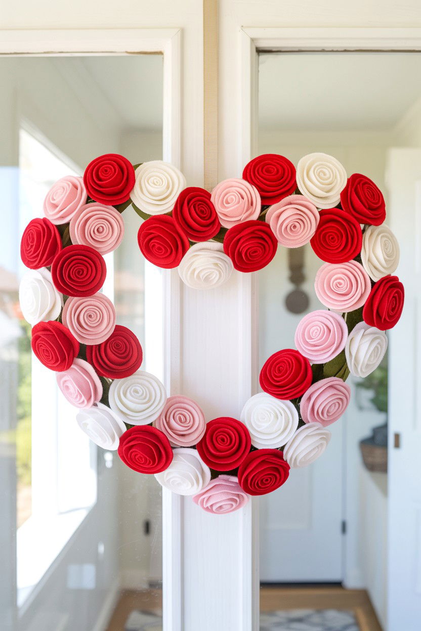 Felt Rose Heart Wreath - 25 Double Door Valentine's Day Wreath Ideas