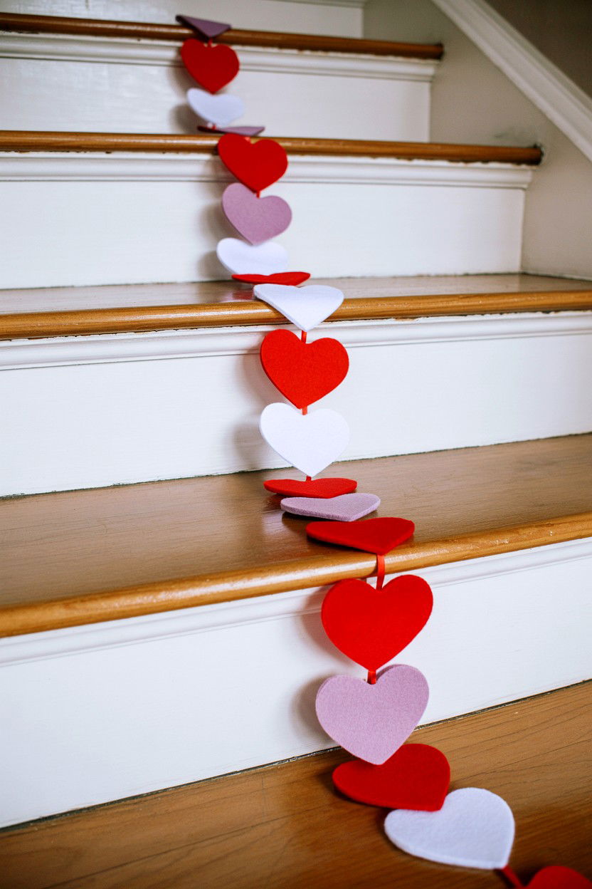 Felt heart garland for stairs - 25 Valentine's Day Staircase Decor Ideas