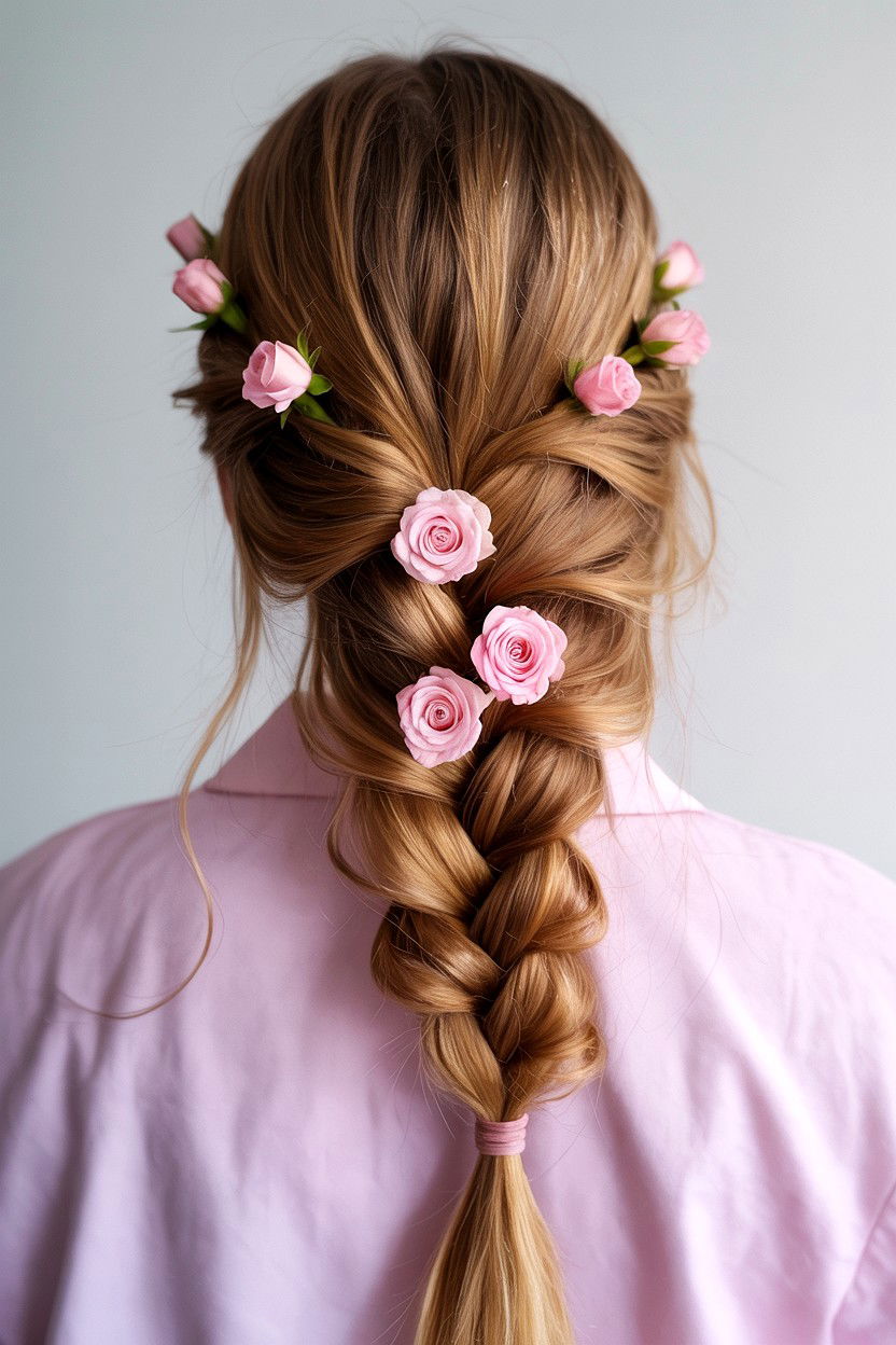 Fishtail braid with flowers - 25 Valentine's Day Fishtail Braid Ideas