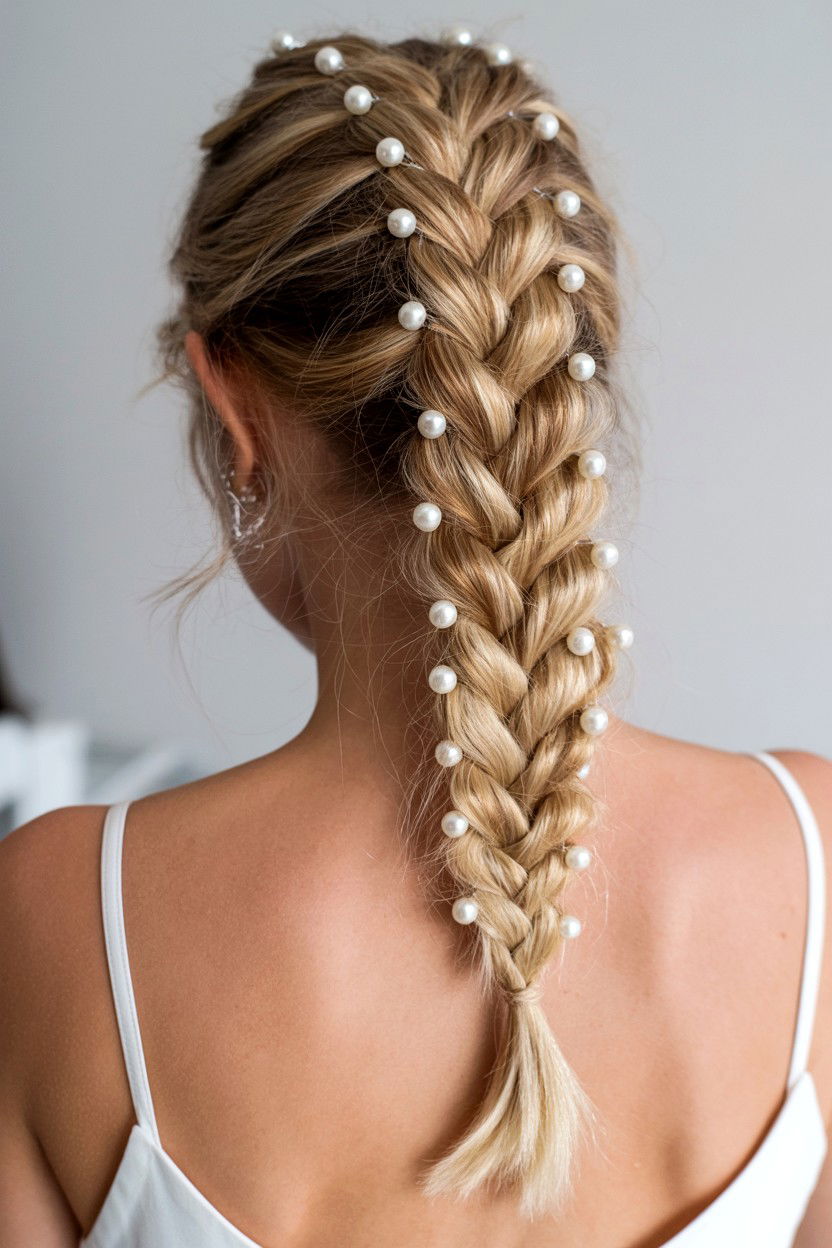 Fishtail braid with pearls - 25 Valentine's Day Fishtail Braid Ideas