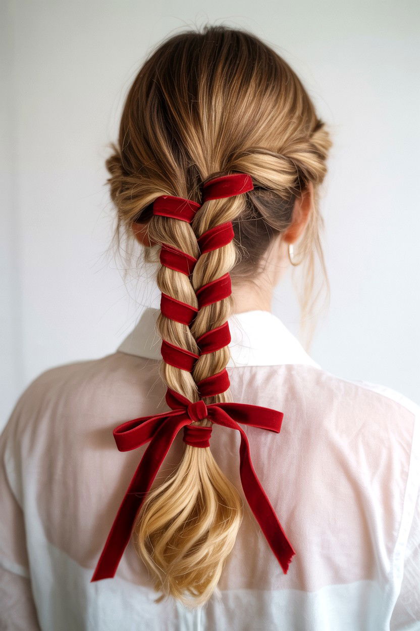 Fishtail braid with ribbon - 25 Valentine's Day Fishtail Braid Ideas