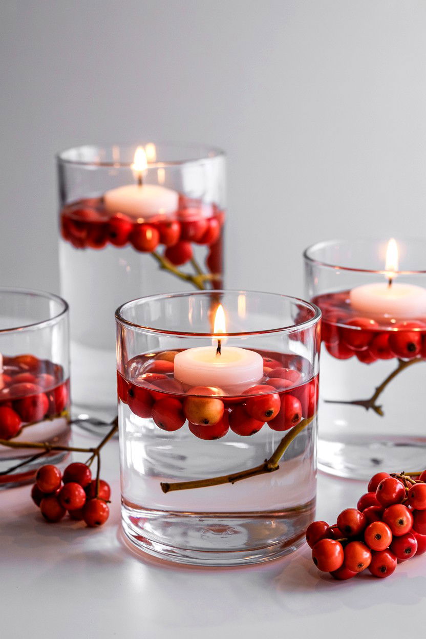 Floating Candles With Red Berries - 25 Valentine's Day Candle Centerpiece Ideas