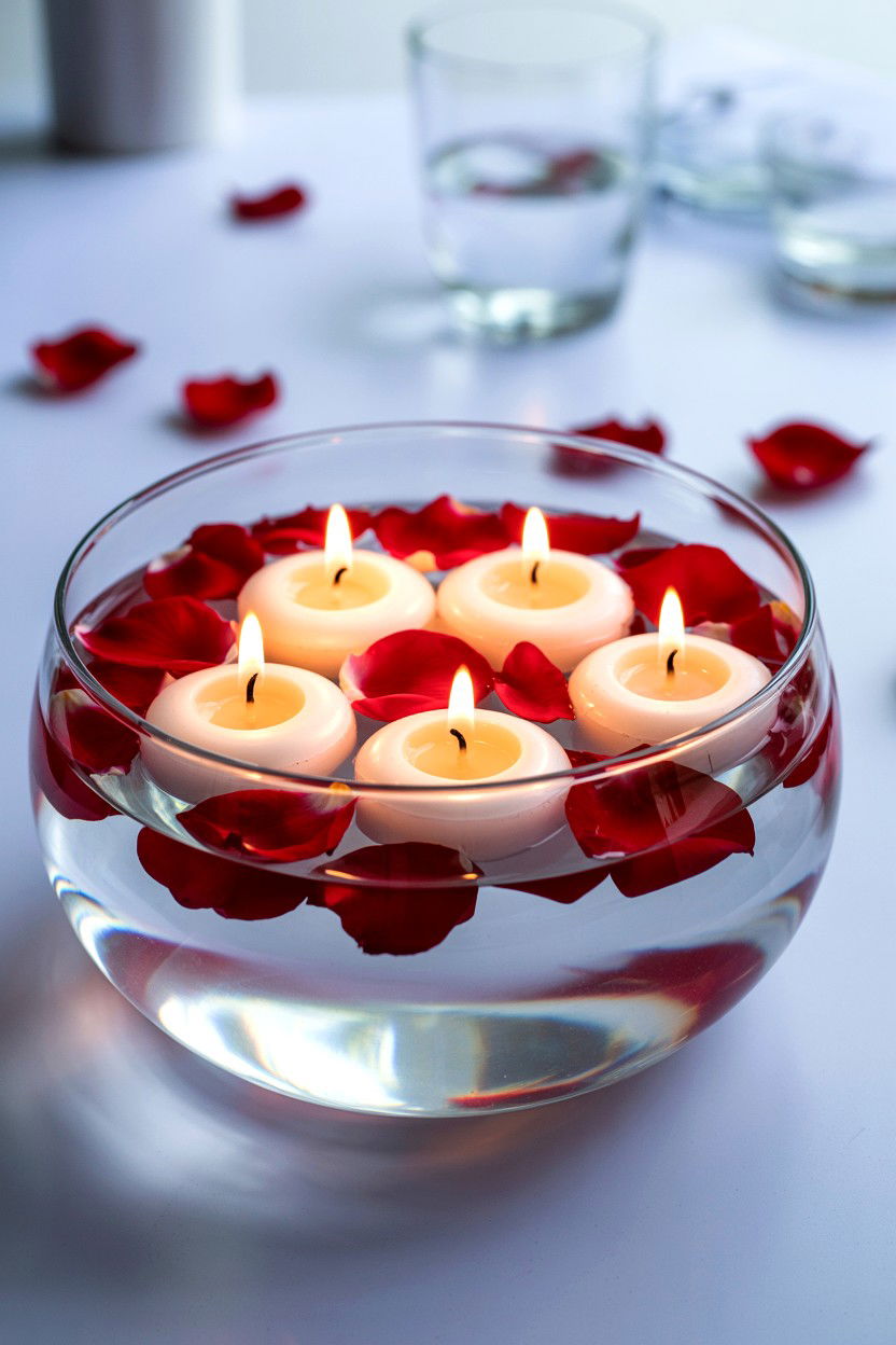 Floating Candles With Rose Petals - 25 Valentine's Day Candle Centerpiece Ideas