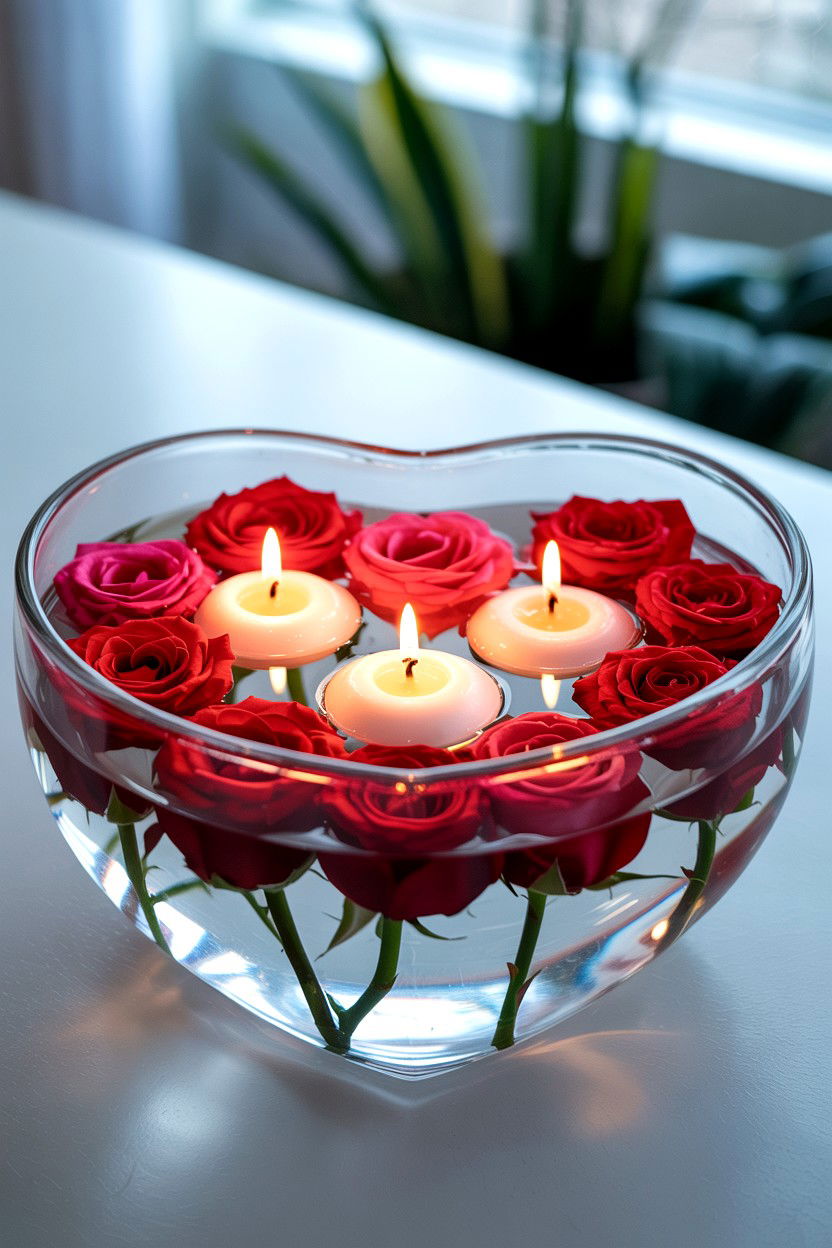 Floating Flower Heart Bowl - 25 Valentine's Day Flower Heart Ideas