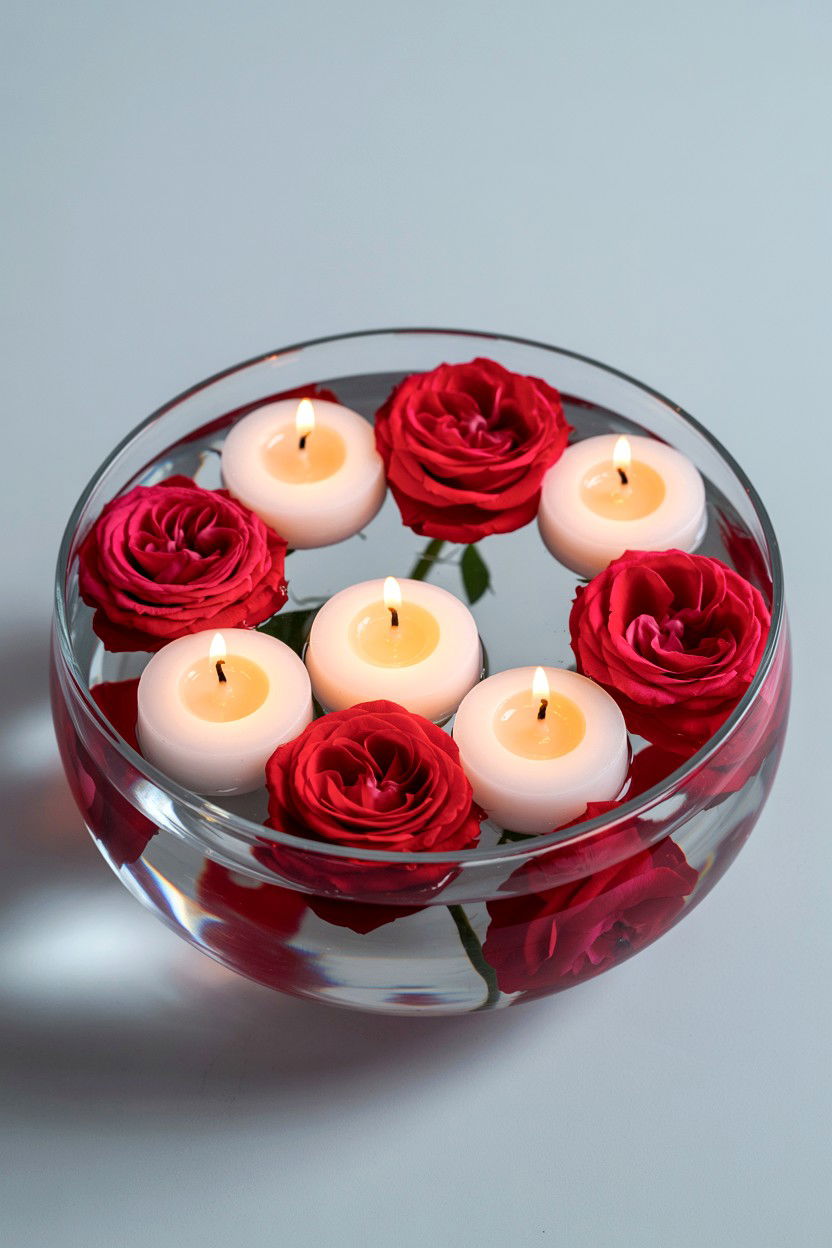 Floating candle water bowl - 25 Valentine's Day Centerpiece Ideas