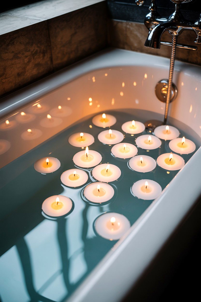 Floating candles bathtub - 25 Valentine's Day Candle Lit Bath Ideas