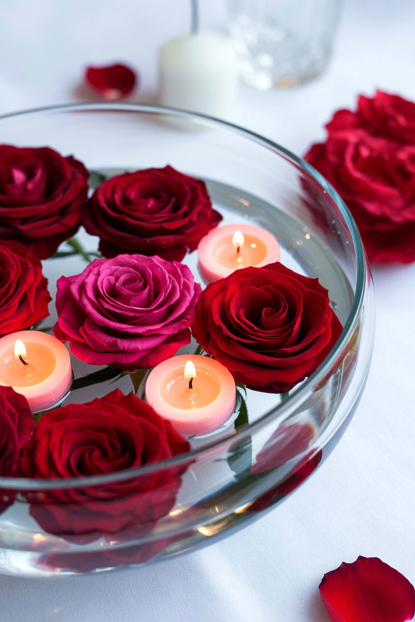 Floating rose heads in water bowl - 25 Valentine's Day Rose Arrangement Ideas