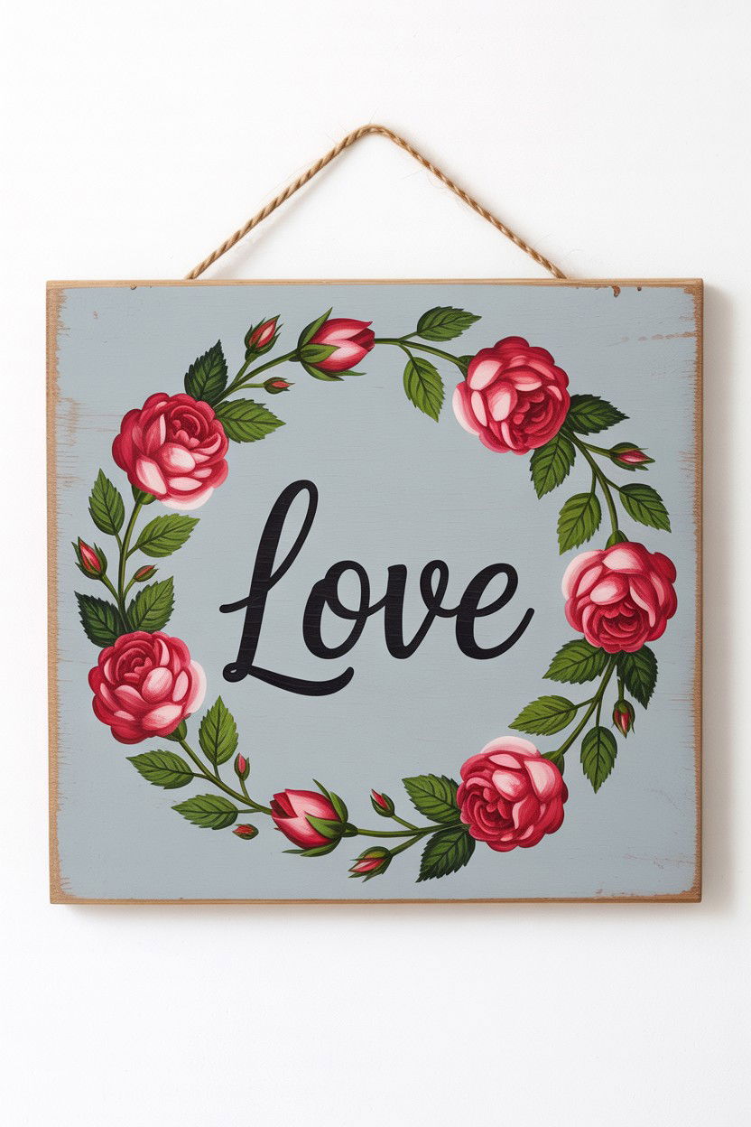 Floral Painted Wood Sign - 25 Valentine's Day Wood Sign Ideas
