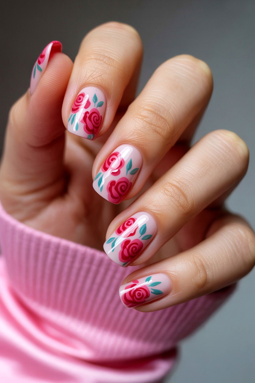 Floral Valentine Nails - 25 Valentine's Day Nail Art Ideas