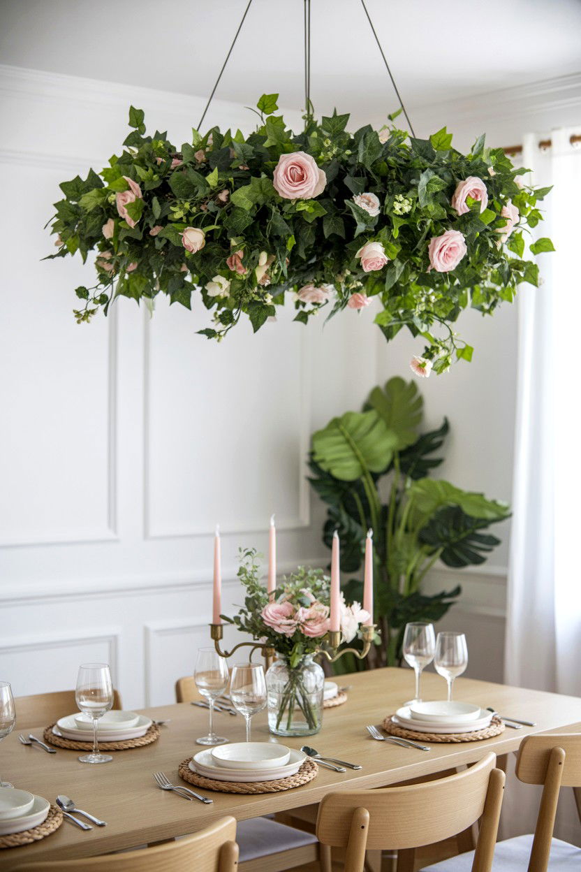 Floral chandelier greenery - 25 Valentine's Day Dining Room Decor Ideas