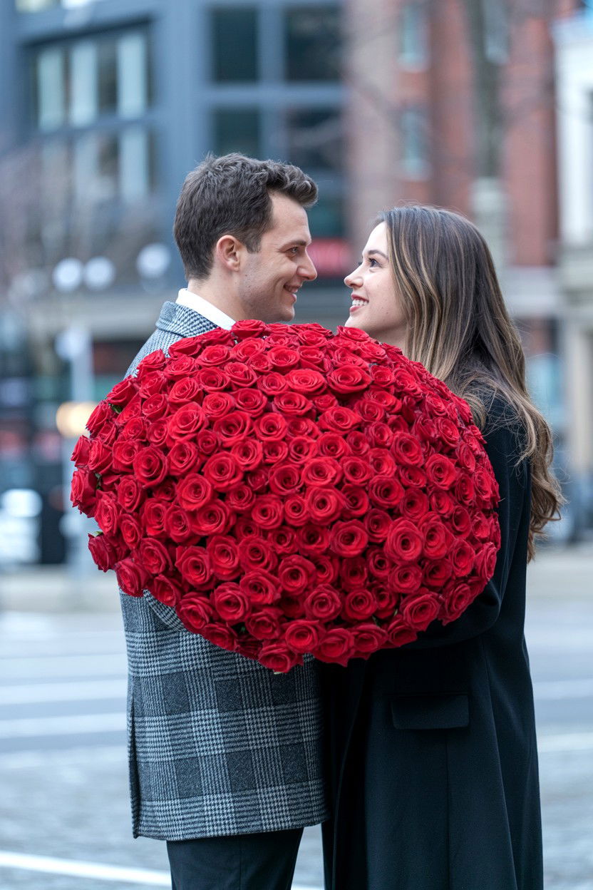 Flower Bouquet Surprise Couple - 25 Valentine's Day Romantic Photo Ideas